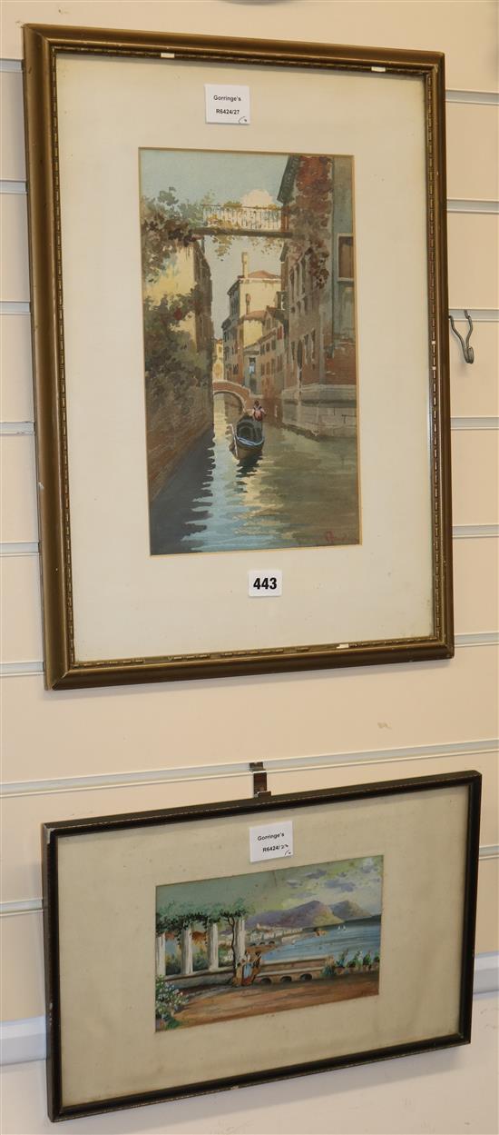 Italian School, watercolour, Venetian backwater, 34 x 20cm, a small watercolour of Amalfi and two framed